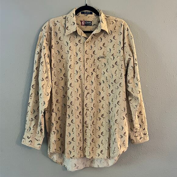Chaps Ralph Lauren Men’s Button Down Shirt Fishing Print Beige Cotton Size L - Picture 2 of 6